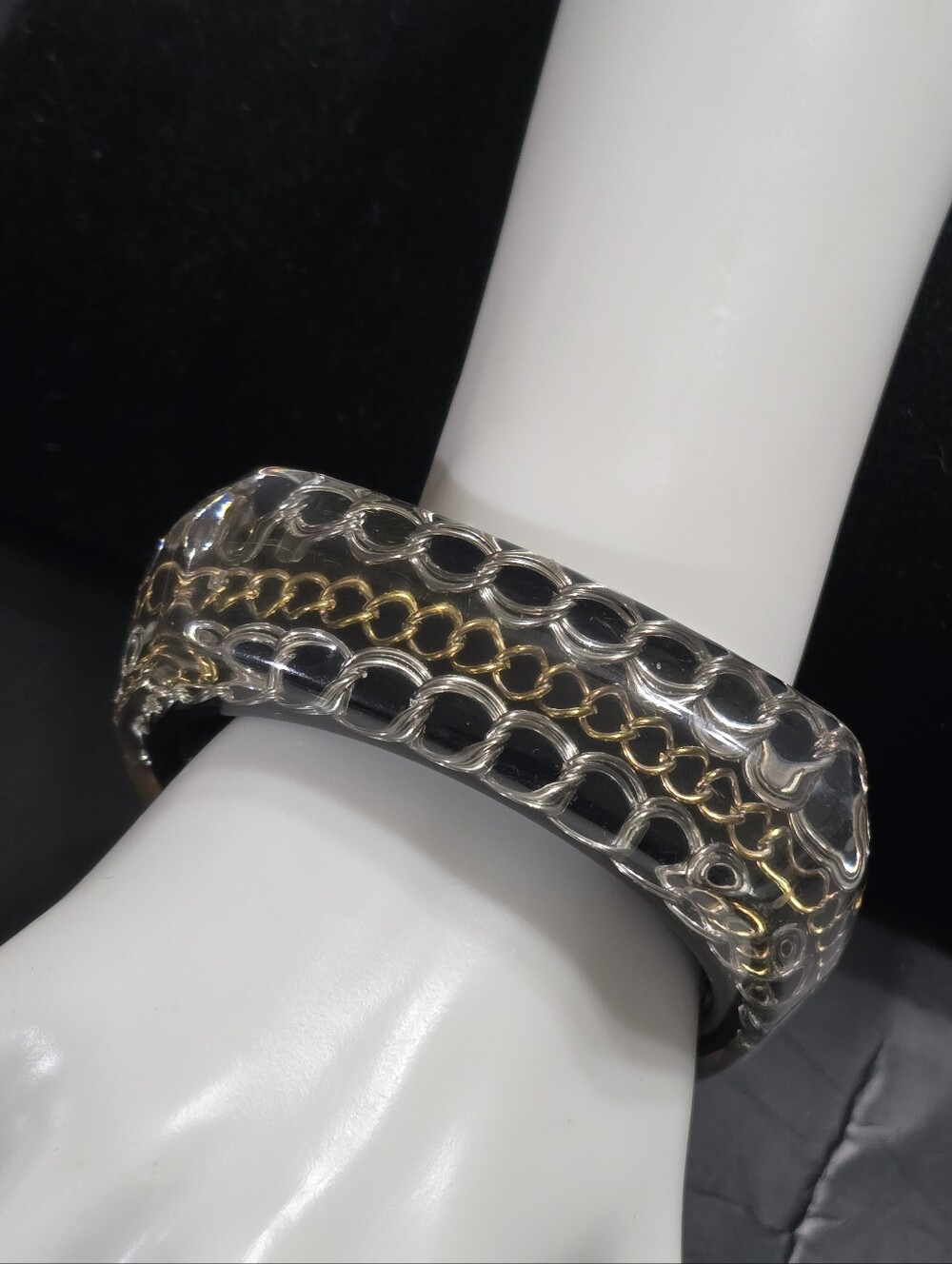 Vintage Clear Lucite Bangle Bracelet Encased With Silver & Gold Chain Links
